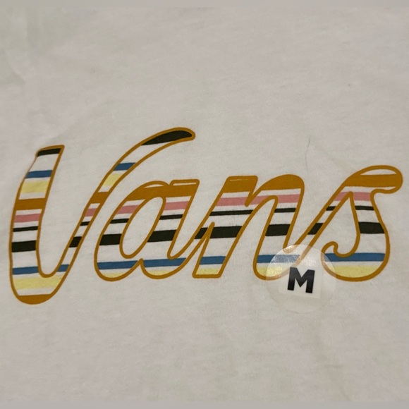 VANS Scripts Striped Cropped T-Shirt White Size Medium 100% Cotton NWOT - Picture 2 of 8